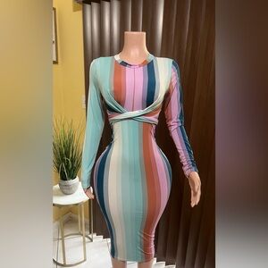 Elegant Multicolor Striped Long Sleeve Dress